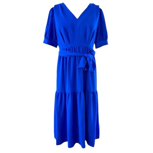 DKNY Midi Dress Womens Size 8 Royal Blue Fit & Flare Tiered Tie Waist V-Neck NWT - Picture 4 of 15